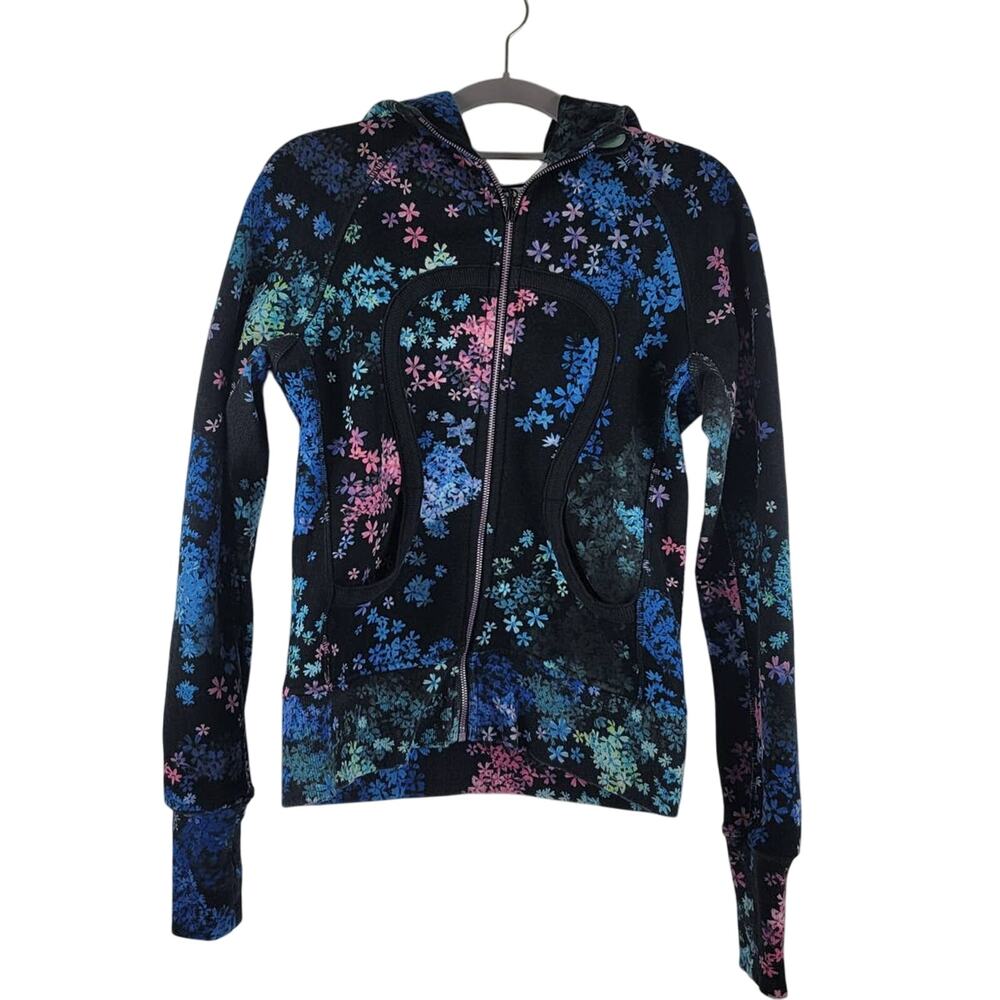Lululemon Scuba Black Floral Thumbholes Full Zip Hooded Jacket Women's 6